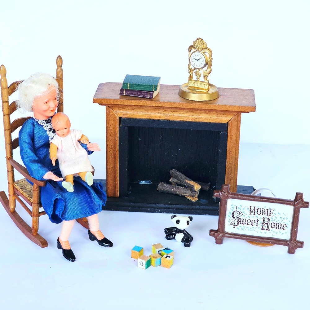 Vintage Dollhouse Accessories Lot Gold Clock‎ Home Sweet Home Sign Panda Blocks